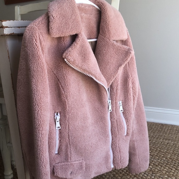 MOTHER Sherpa Fleece Rider Jacket in Tough Girl. Moto. Blush. Size Small - Picture 3 of 16